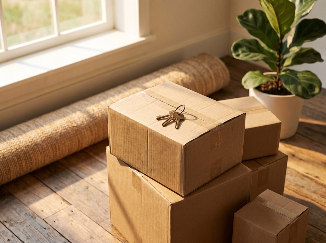 Moving boxes stacked by a sunny window with a set of house keys resting on top