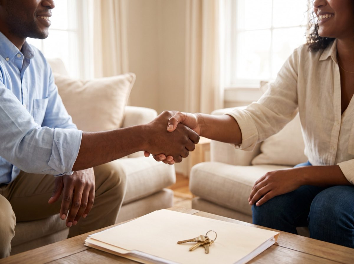 Two people shaking hands over a folder of paperwork and a set of house keys in a sunlit living room