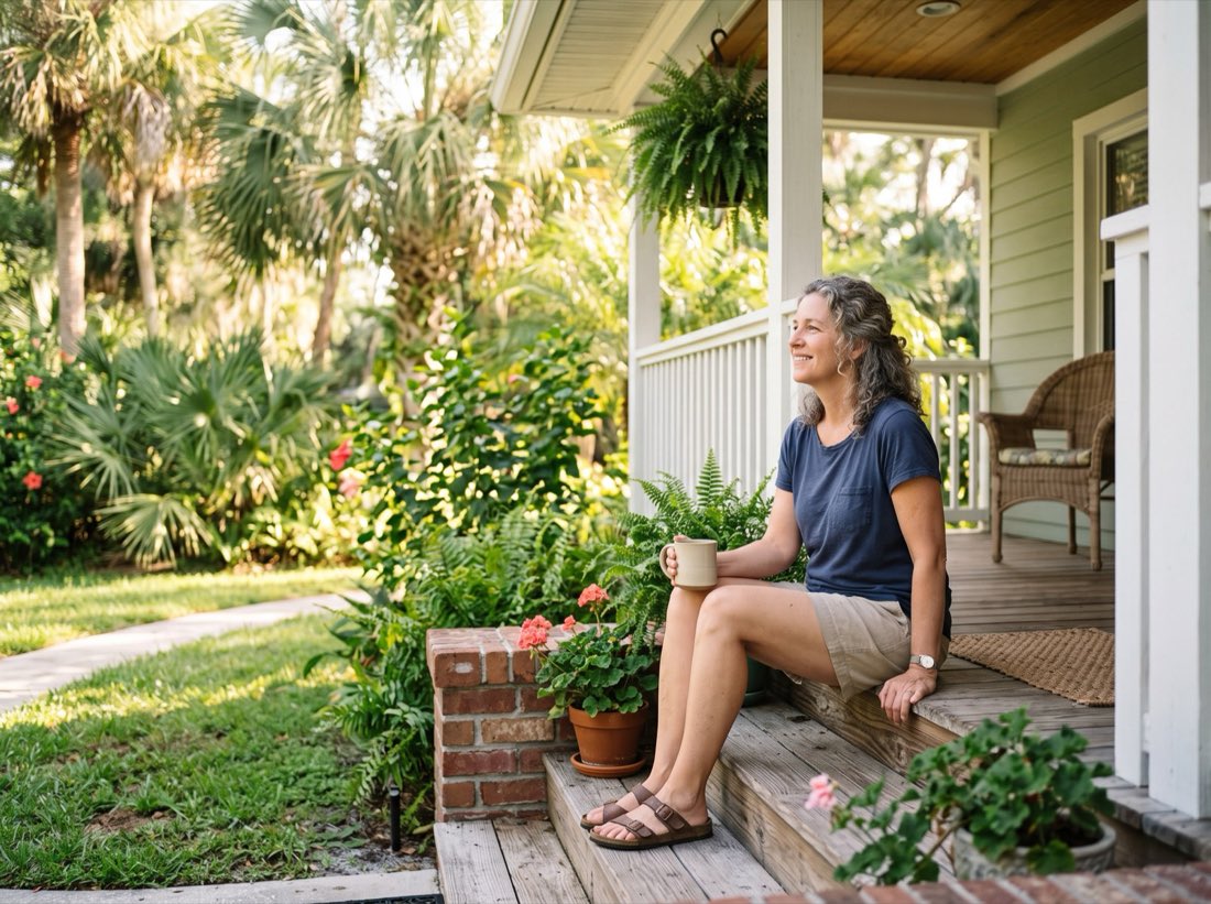 A homeowner sitting with a coffee mug on the front porch steps of a Florida home