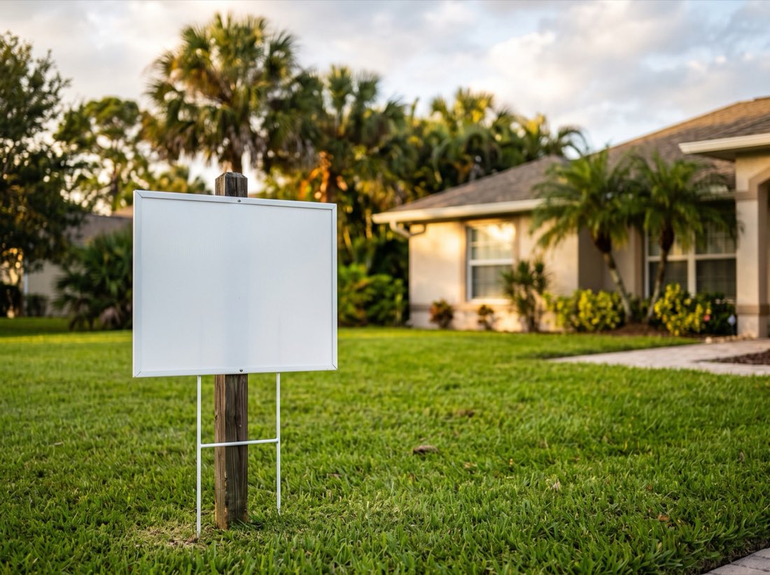 A blank real estate yard sign standing in the green front lawn of a Florida home